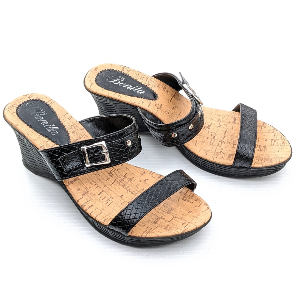 BONITA women's double strap black platform wedge slide Dress sandals Size 9